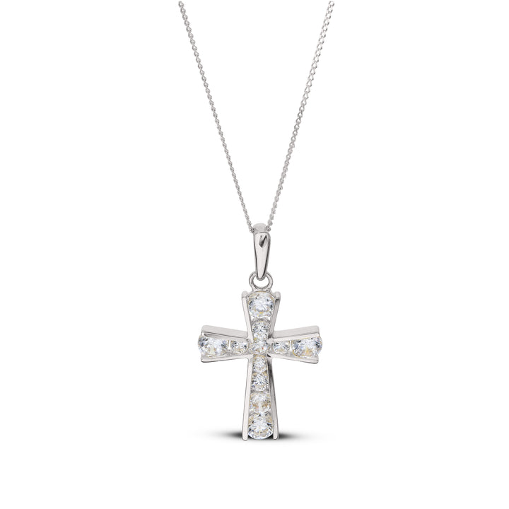 9ct White Gold Shiny Cross Pendant – White Zirconia Detail