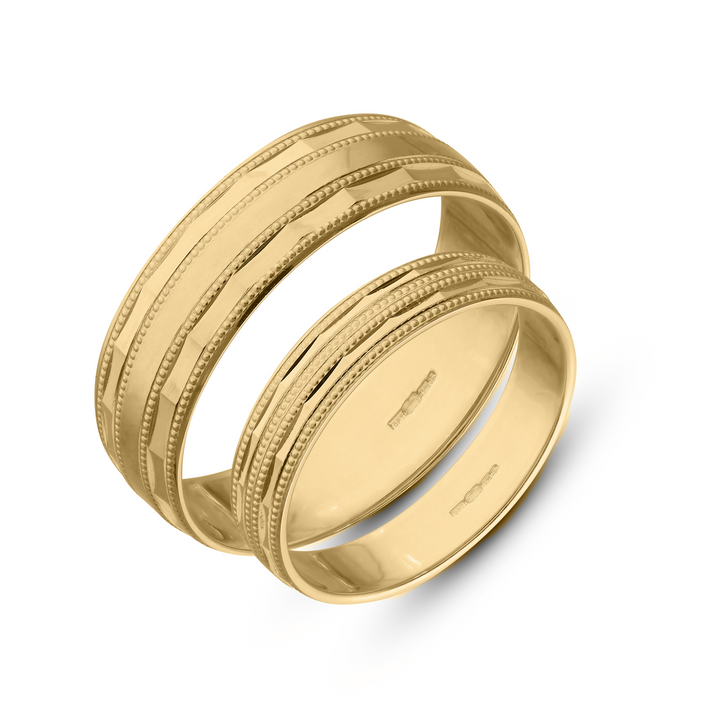9ct Gold Wedding Rings, Yellow gold wedding set, Diamond cut on edge