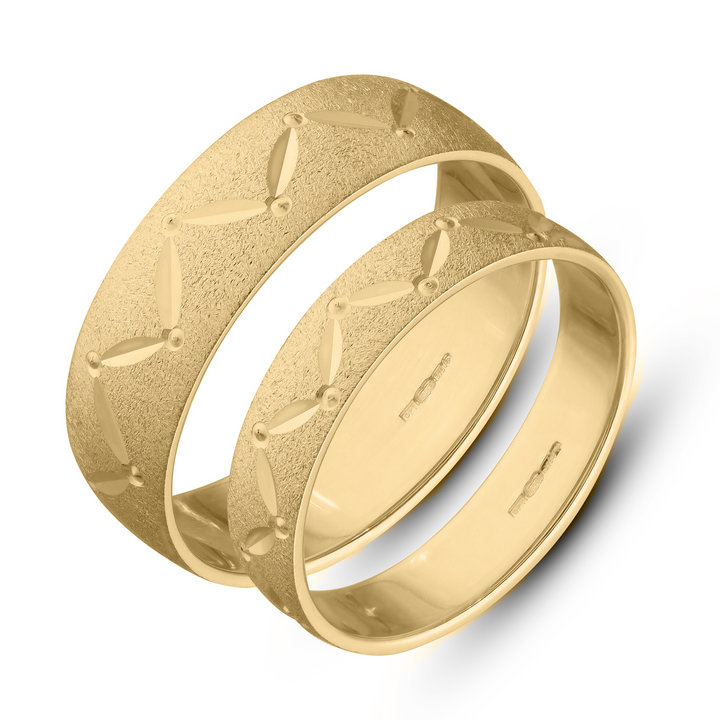 9ct Personalised Yellow Gold Wedding rings set, gold bangs for Groom and Brides set
