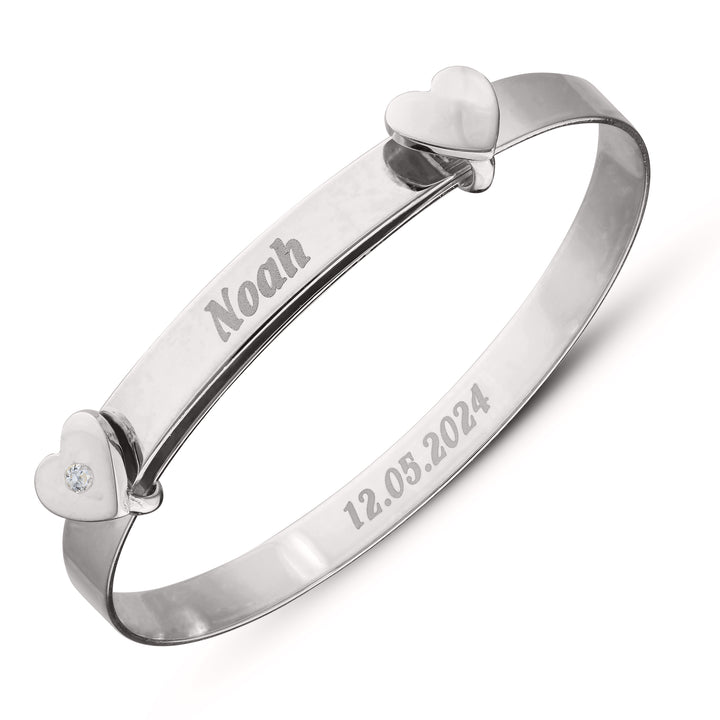 Personalised Children's Silver Bangle with 2 Hearts and Birthstone