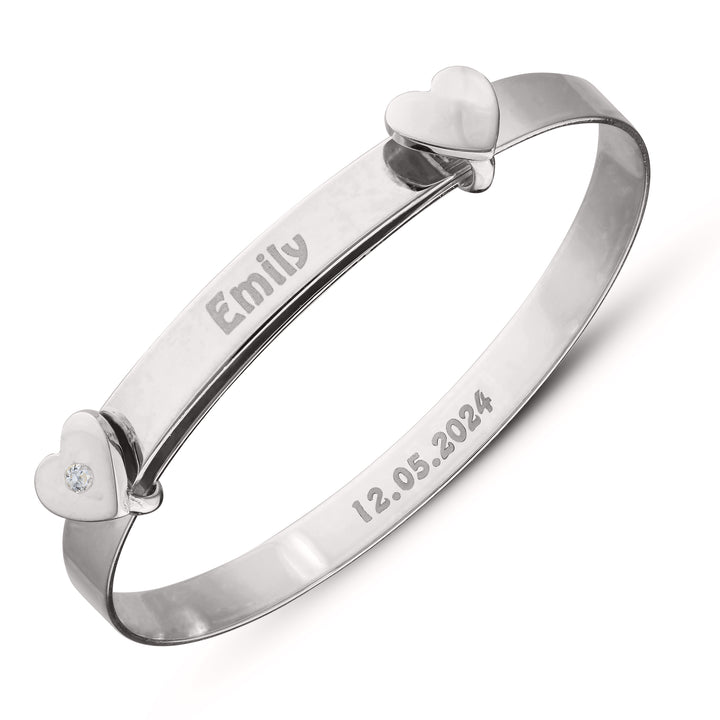 Personalised Children's Silver Bangle with 2 Hearts and Birthstone