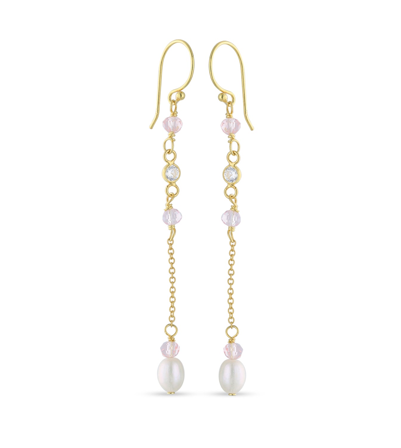 18ct Gold Plated Drop Ball Chain Stud Earring with White Cubic Zirconia and Fresh Water Perl