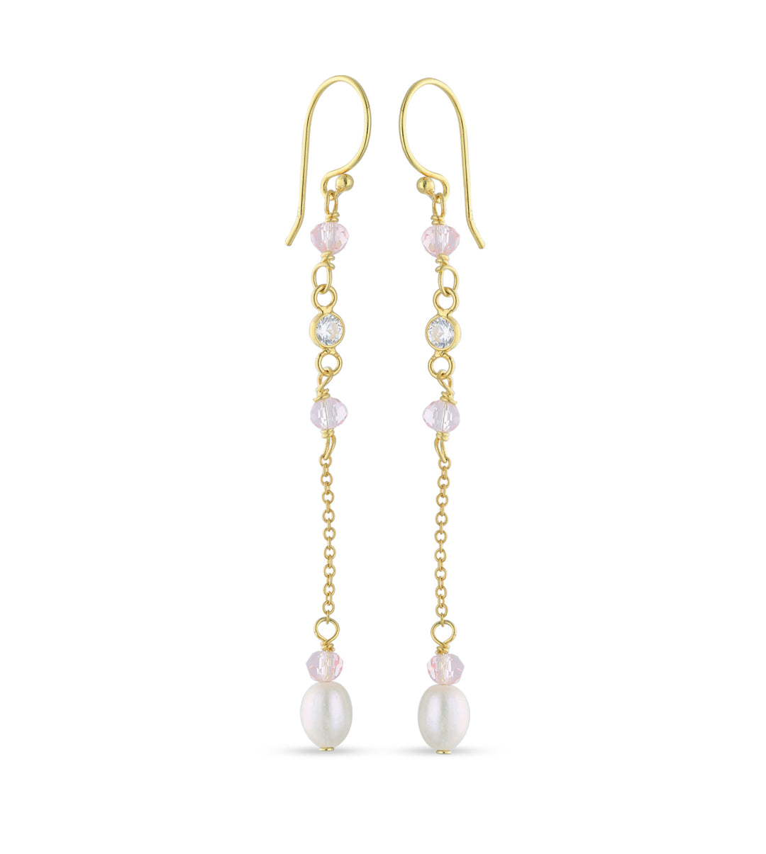18ct Gold Plated Drop Ball Chain Stud Earring with White Cubic Zirconia and Fresh Water Perl