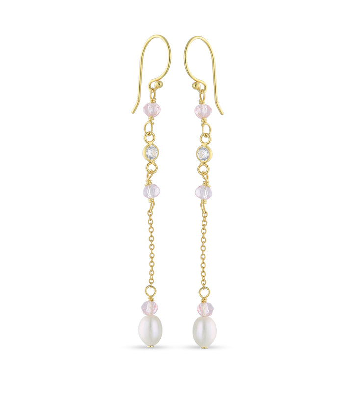 18ct Gold Plated Drop Ball Chain Stud Earring with White Cubic Zirconia and Fresh Water Perl