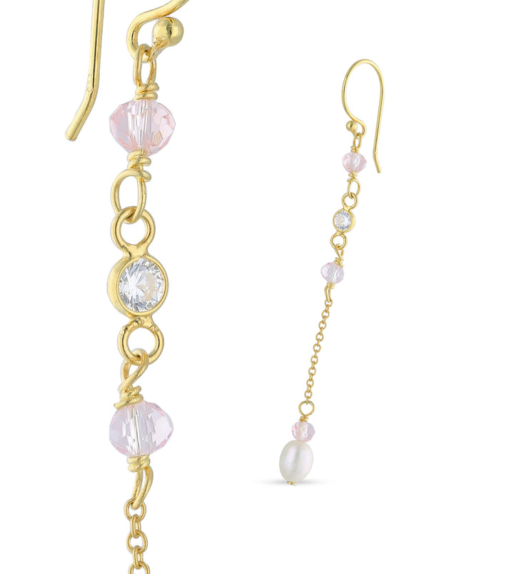 18ct Gold Plated Drop Ball Chain Stud Earring with White Cubic Zirconia and Fresh Water Perl