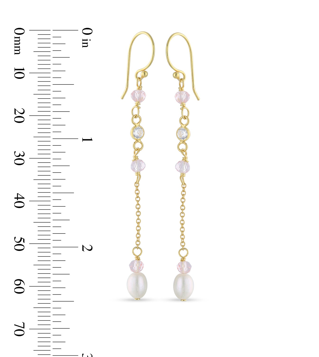 18ct Gold Plated Drop Ball Chain Stud Earring with White Cubic Zirconia and Fresh Water Perl