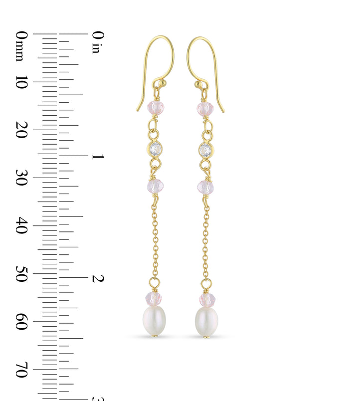 18ct Gold Plated Drop Ball Chain Stud Earring with White Cubic Zirconia and Fresh Water Perl