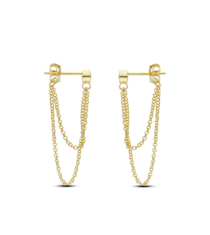 18ct Gold Plated Drop Ball Chain Stud Earring with White Cubic Zirconia and Fresh Water Perl