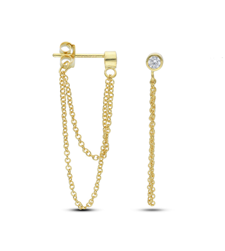18ct Gold Plated Drop Ball Chain Stud Earring with White Cubic Zirconia and Fresh Water Perl