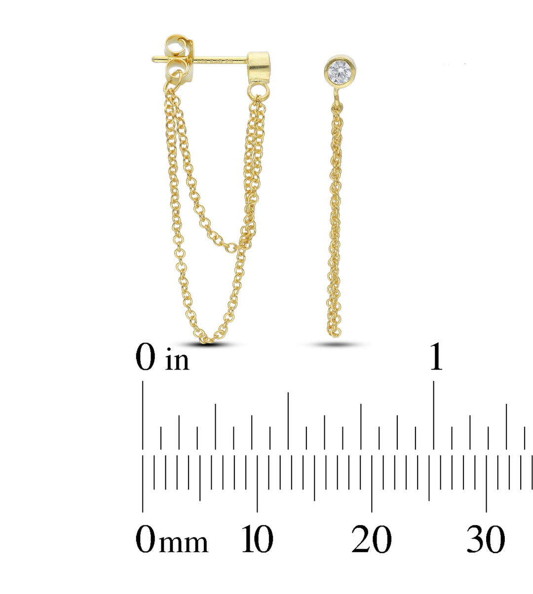 18ct Gold Plated Drop Ball Chain Stud Earring with White Cubic Zirconia and Fresh Water Perl