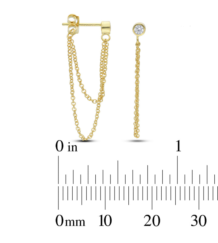 18ct Gold Plated Drop Ball Chain Stud Earring with White Cubic Zirconia and Fresh Water Perl