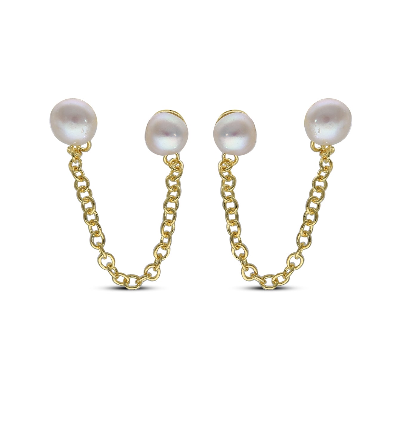 18ct Gold Plated Drop Ball Chain Stud Earring with White Cubic Zirconia and Fresh Water Perl
