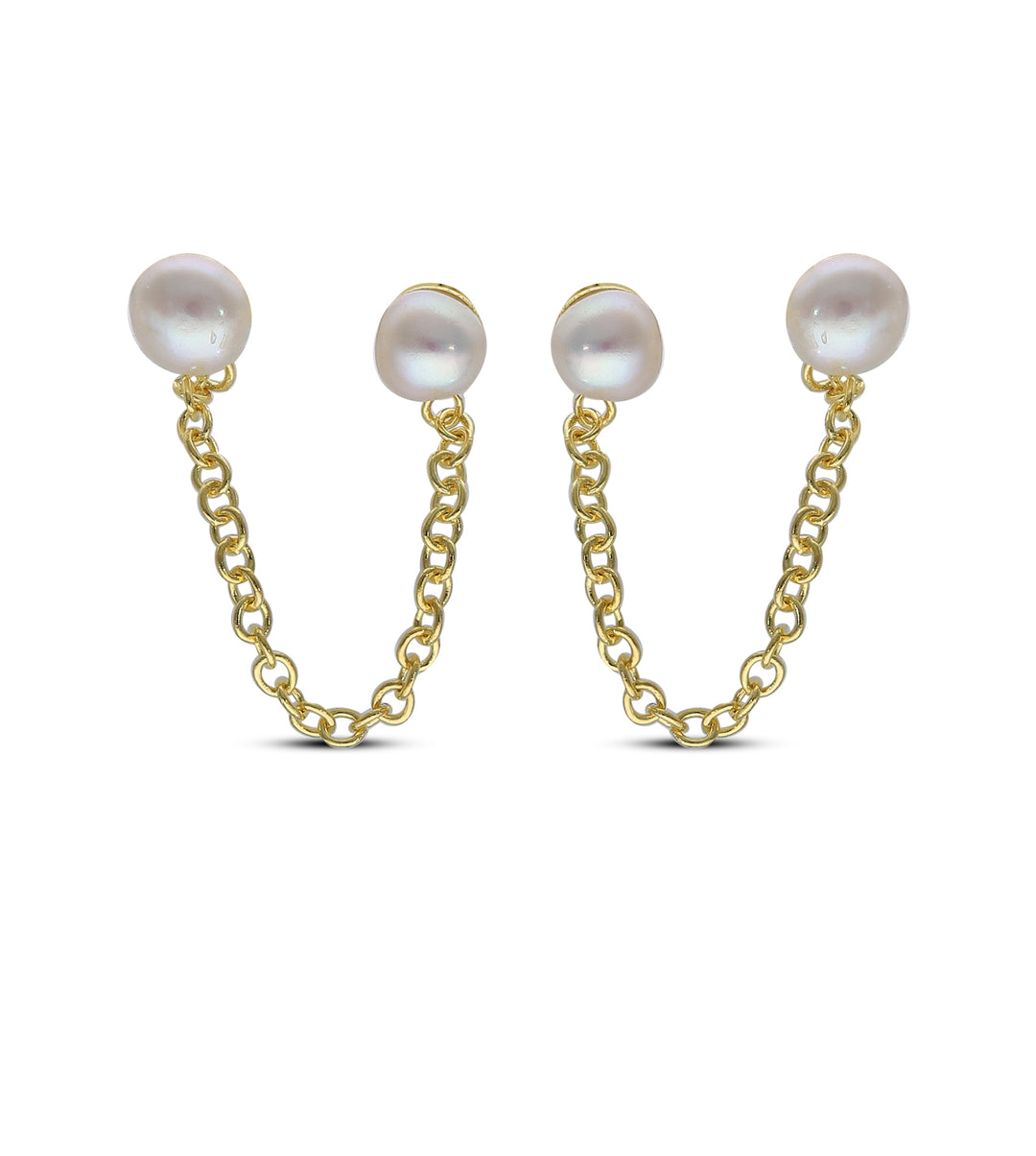 18ct Gold Plated Drop Ball Chain Stud Earring with White Cubic Zirconia and Fresh Water Perl