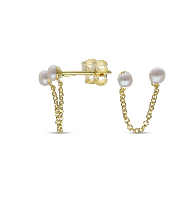 18ct Gold Plated Drop Ball Chain Stud Earring with White Cubic Zirconia and Fresh Water Perl