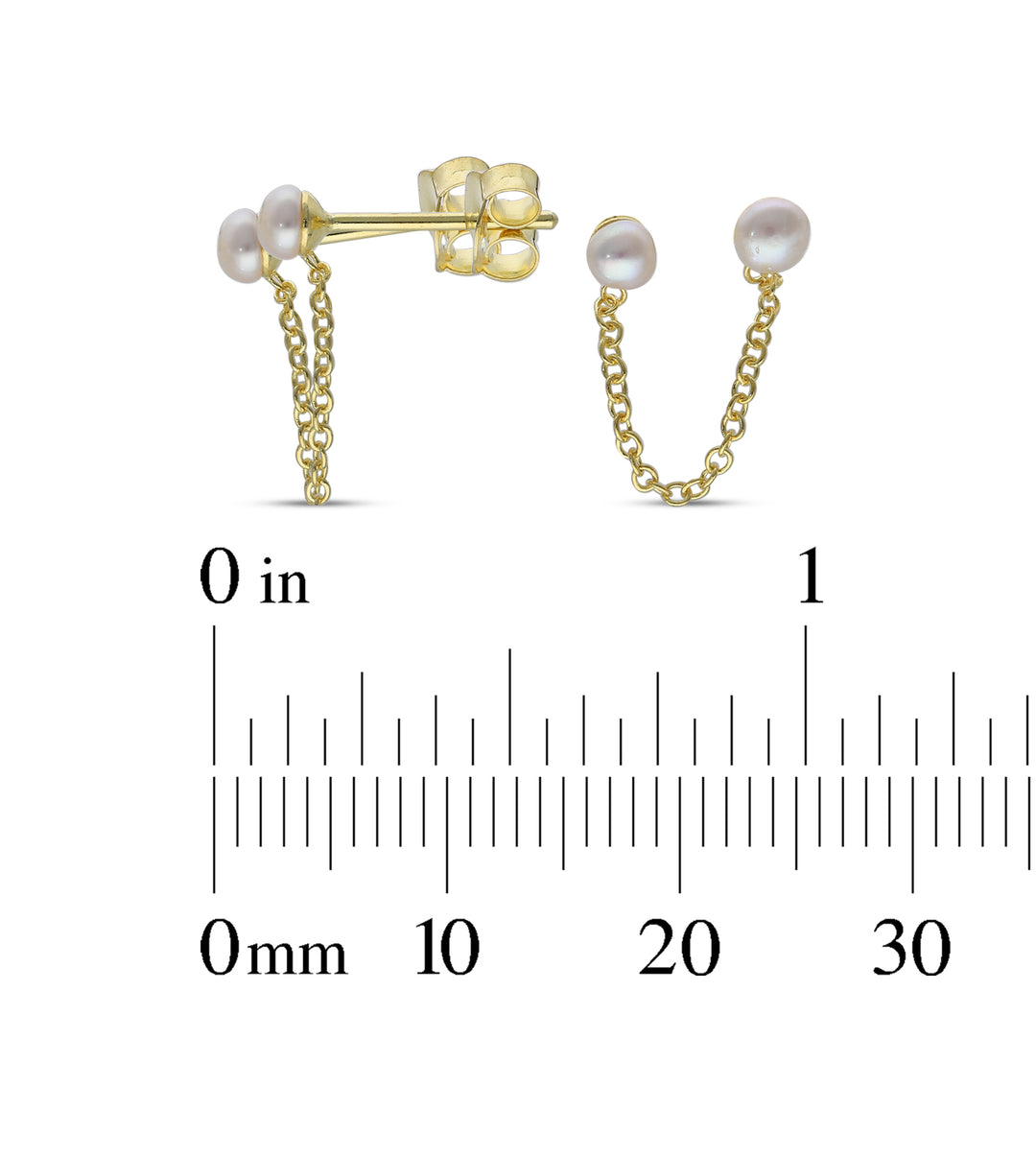 18ct Gold Plated Drop Ball Chain Stud Earring with White Cubic Zirconia and Fresh Water Perl