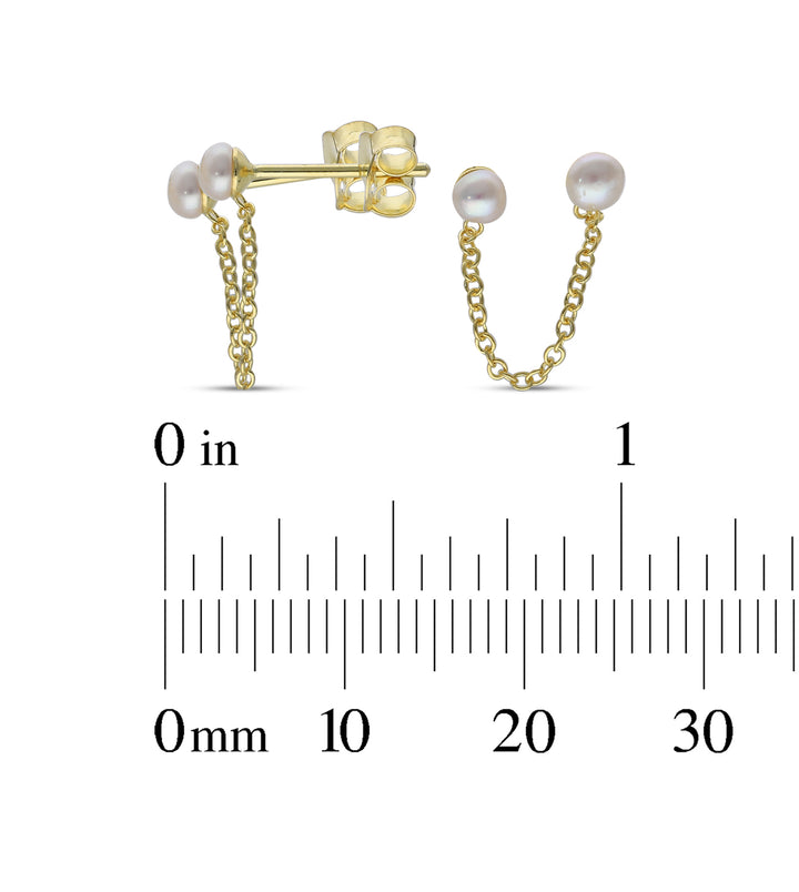 18ct Gold Plated Drop Ball Chain Stud Earring with White Cubic Zirconia and Fresh Water Perl