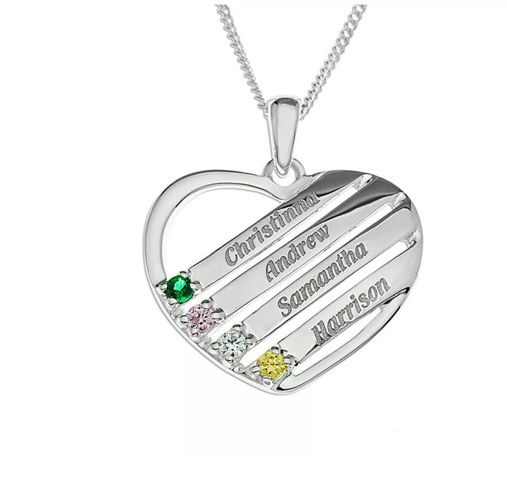 Personalised family heart keepsake with cubic and 4 names, sterling silver heart pendant