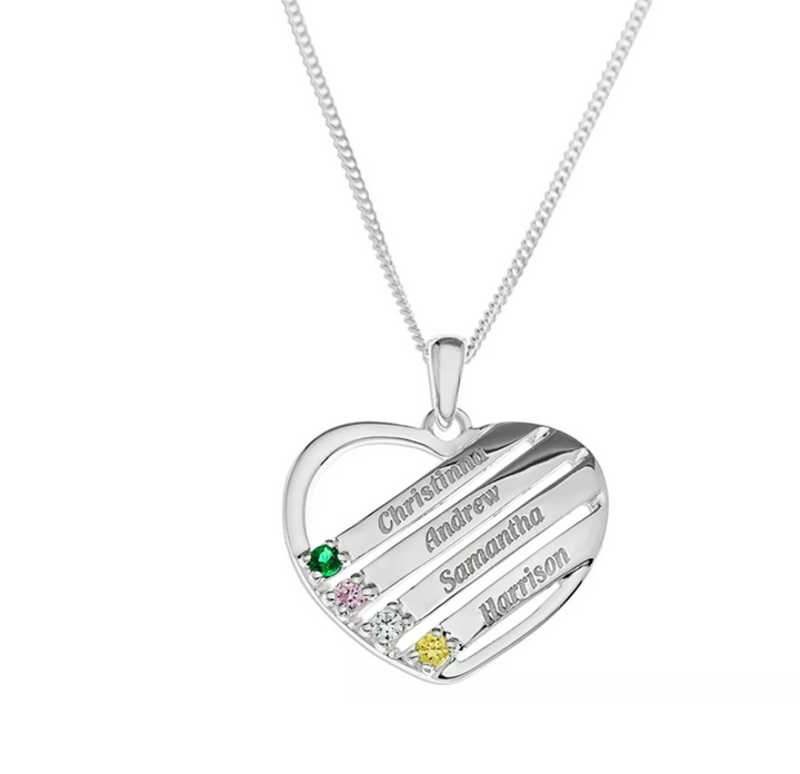 Personalised family heart keepsake with cubic and 4 names, sterling silver heart pendant