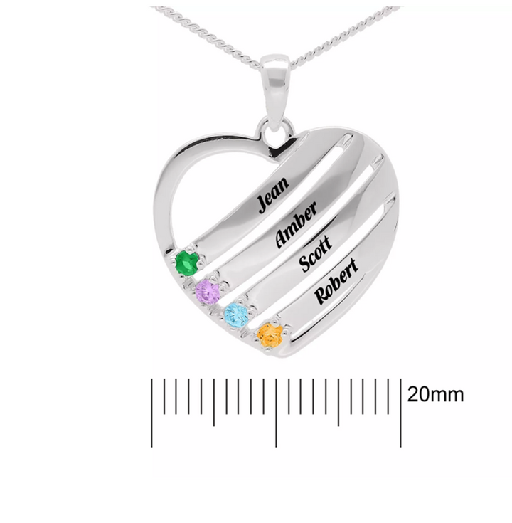 Personalised family heart keepsake with cubic and 4 names, sterling silver heart pendant
