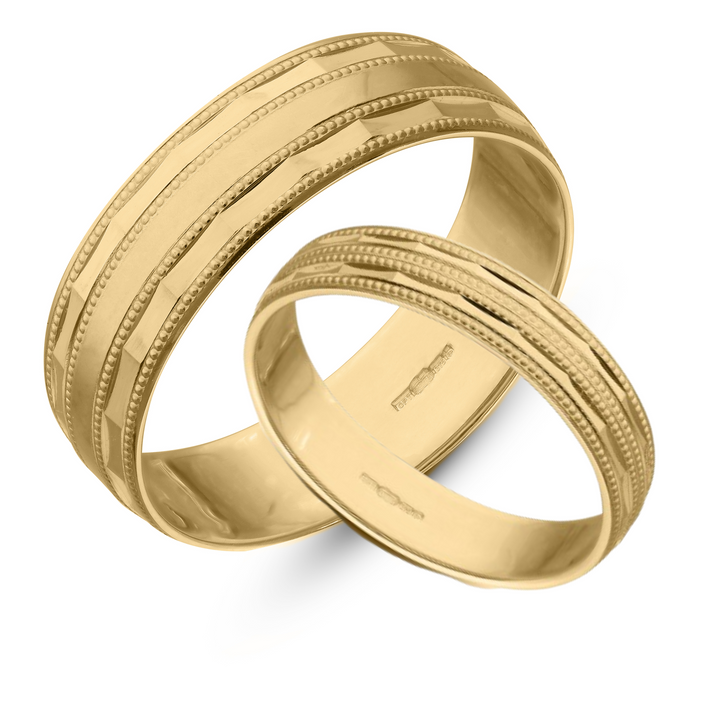9ct Gold Wedding Rings, Yellow gold wedding set, Diamond cut on edge