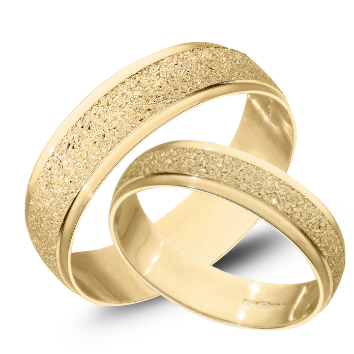 Personalised 9ct Gold Wedding Ring Set of 2 with Sparkling Rhodium Moon Dust Center in Yellow and White Gold