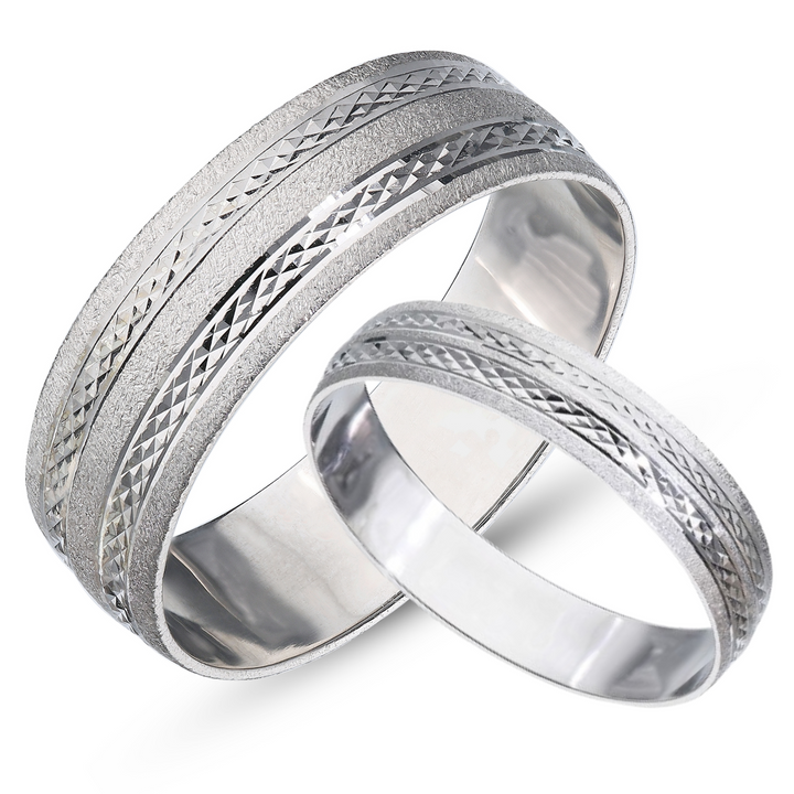 9ct Yellow Gold and White Gold Personalised Weeding Set, Moon Dust and Diamond Cut effect