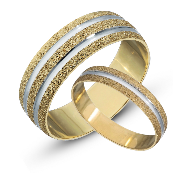 9ct Gold Personalised Yellow Gold Wedding Bands, Moon Dust and Rhodium Effect