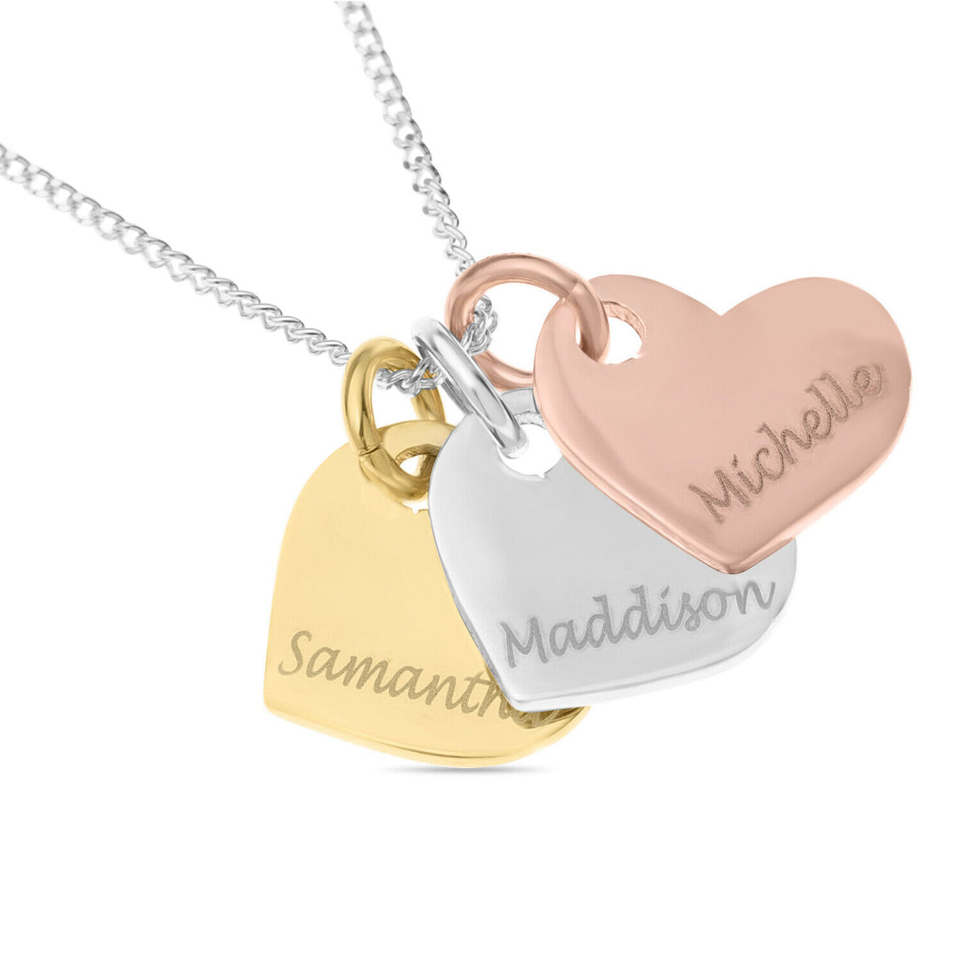 Personalised Three Colour Gold Plated Triple Heart Necklace