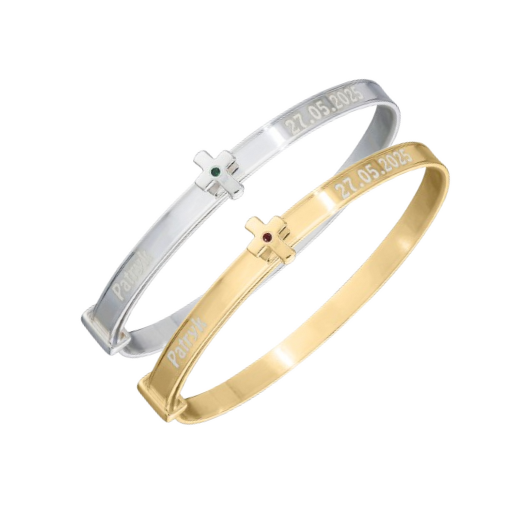 Personalised Unisex Baby Bangle Set with Cross and Birthstone (0-3 yrs)