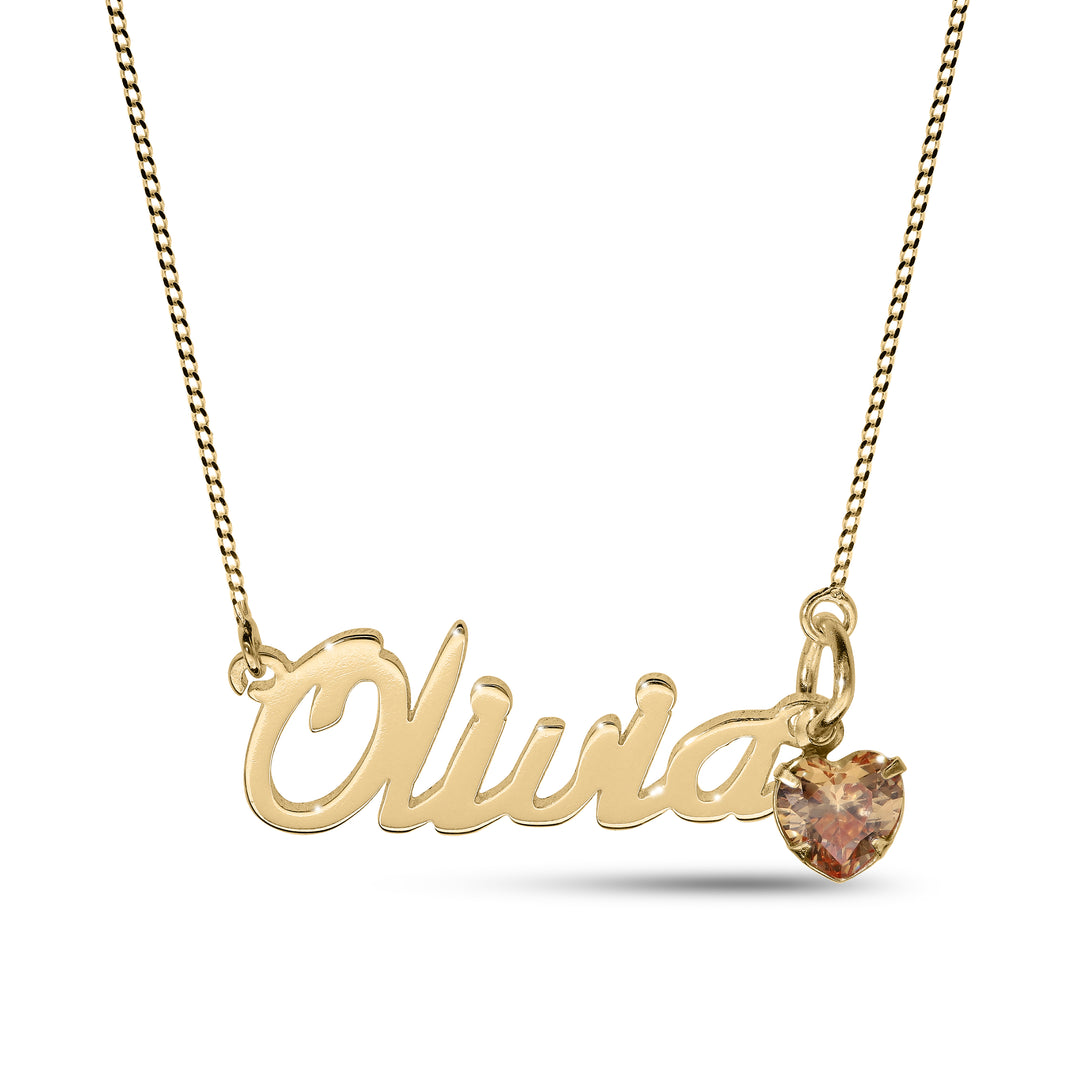 Personalised 9-carat Yellow Gold Name Necklace with a Heart-Shaped Birthstone