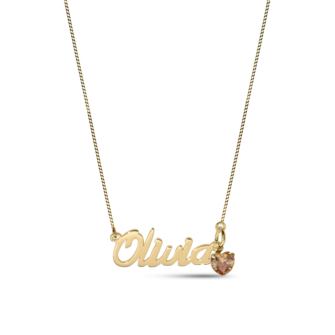 Personalised 9-carat Yellow Gold Name Necklace with a Heart-Shaped Birthstone