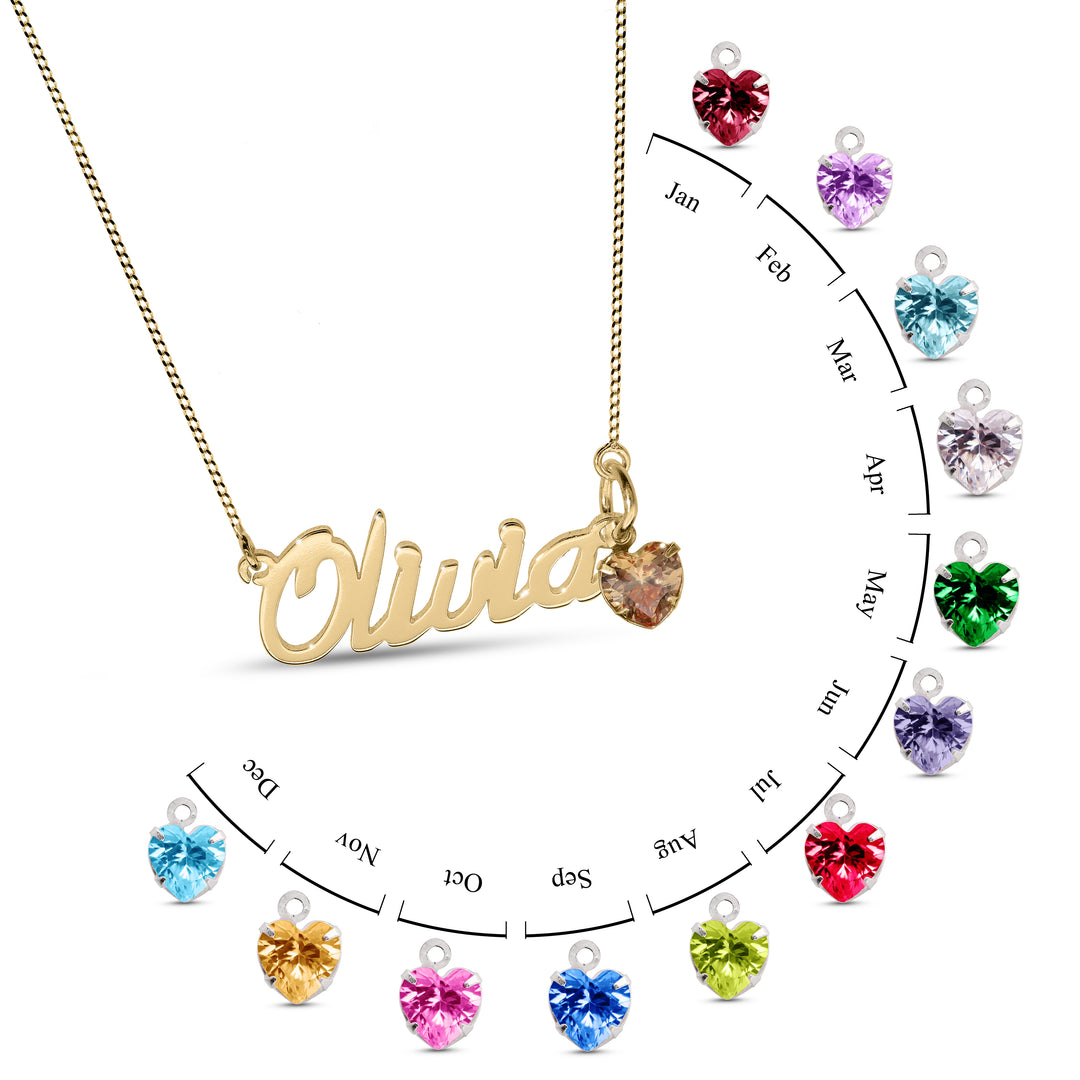 Personalised 9-carat Yellow Gold Name Necklace with a Heart-Shaped Birthstone