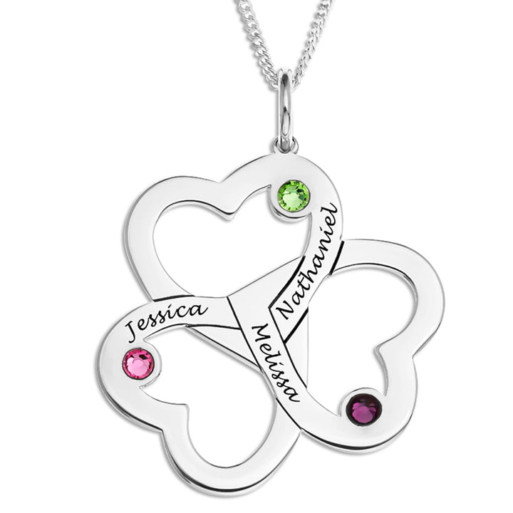 Engravable Three Heart Birthstone Necklace in Silver