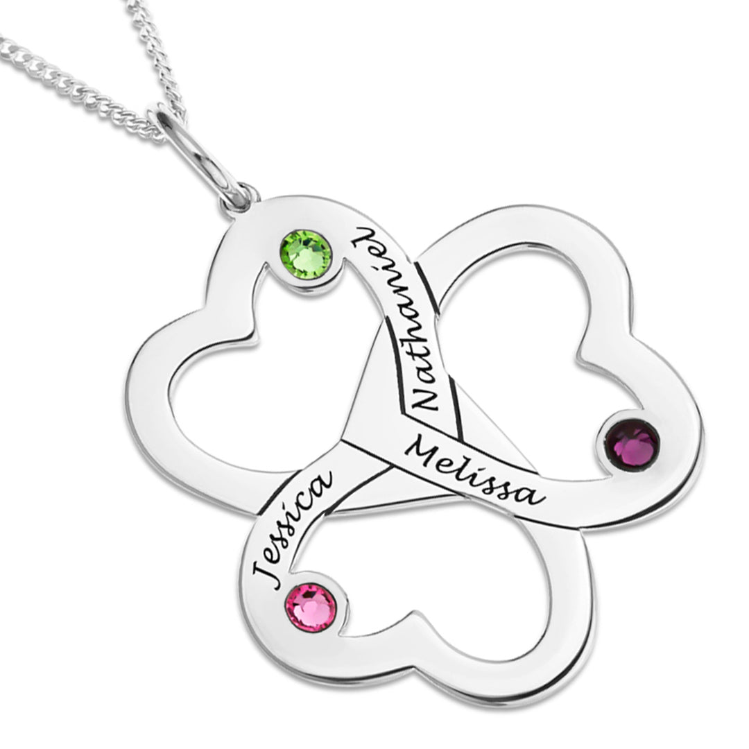 Engravable Three Heart Birthstone Necklace in Silver