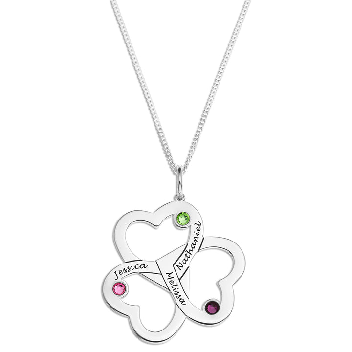 Engravable Three Heart Birthstone Necklace in Silver