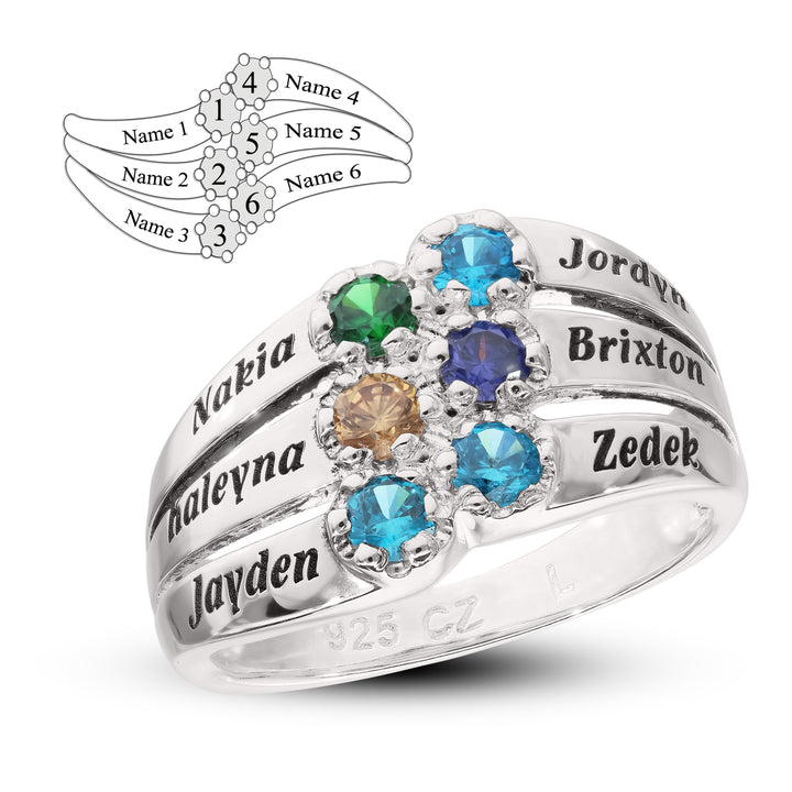 Custom 6 Name & 6 Birthstone Silver Family Ring with Elephant or Cat Ring Holder Gift Set