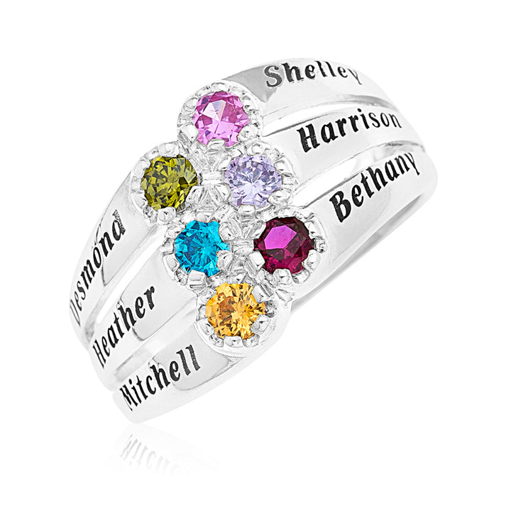 Custom 6 Name & 6 Birthstone Silver Family Ring with Elephant or Cat Ring Holder Gift Set