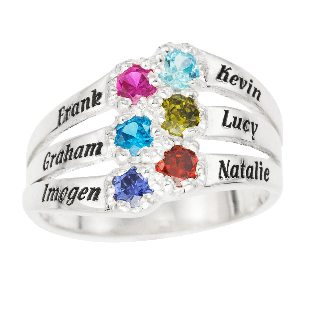 Custom 6 Name & 6 Birthstone Silver Family Ring with Elephant or Cat Ring Holder Gift Set