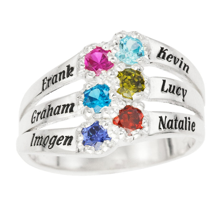 Custom 6 Name & 6 Birthstone Silver Family Ring with Elephant or Cat Ring Holder Gift Set