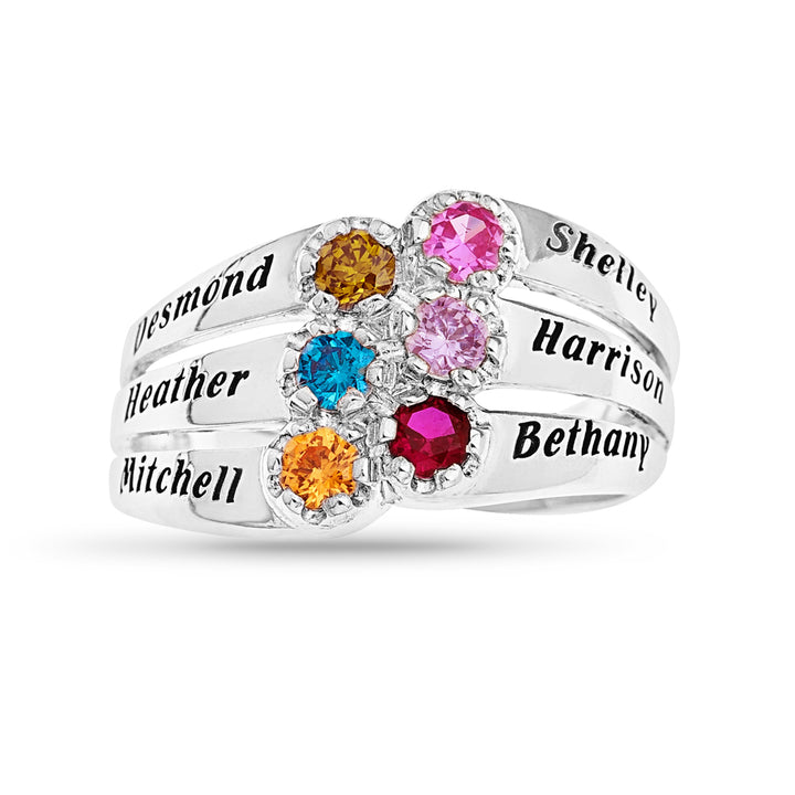 Custom 6 Name & 6 Birthstone Silver Family Ring with Elephant or Cat Ring Holder Gift Set