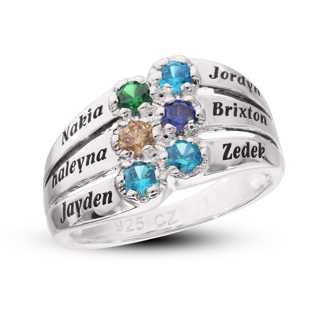 Custom 6 Name & 6 Birthstone Silver Family Ring with Elephant or Cat Ring Holder Gift Set