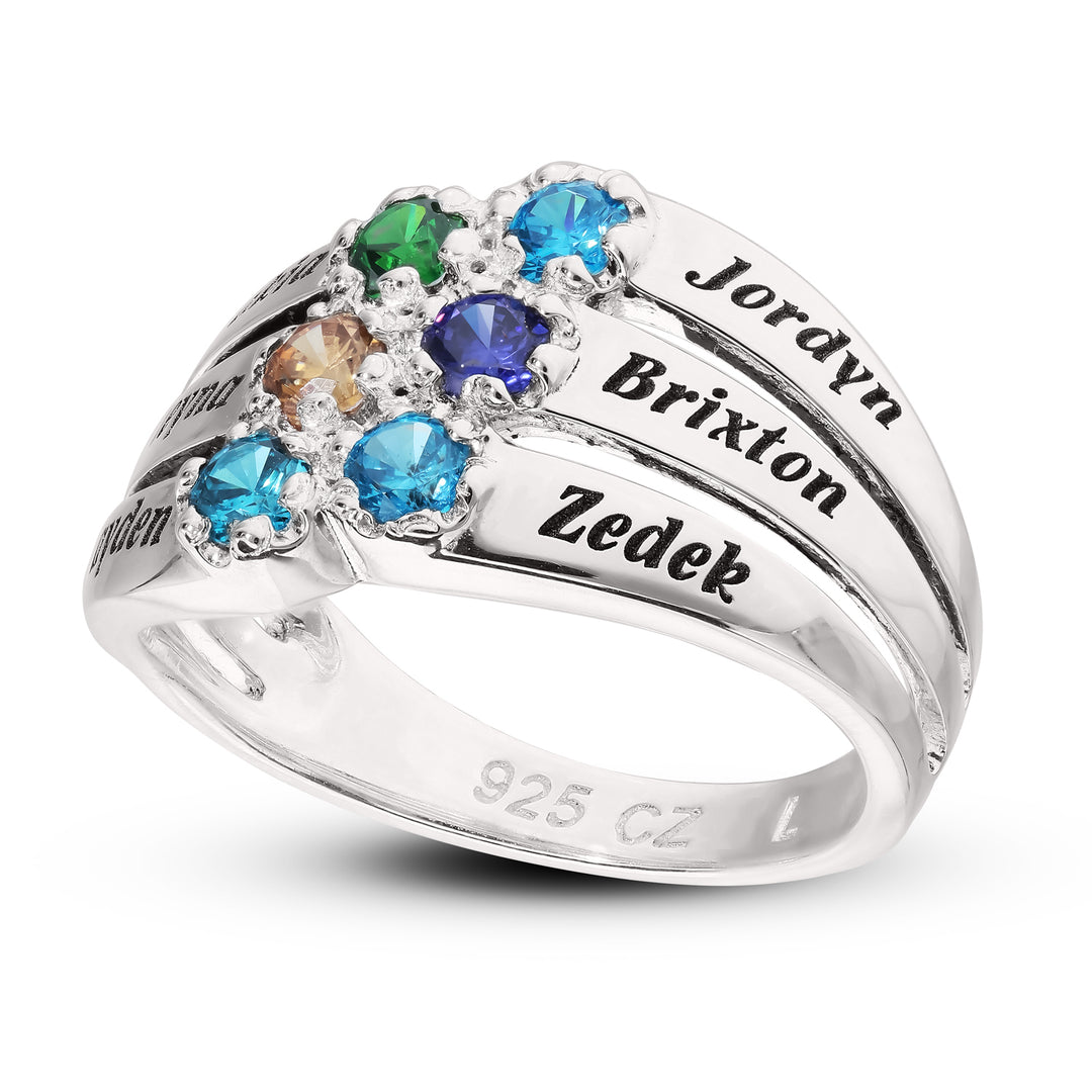 Custom 6 Name & 6 Birthstone Silver Family Ring with Elephant or Cat Ring Holder Gift Set