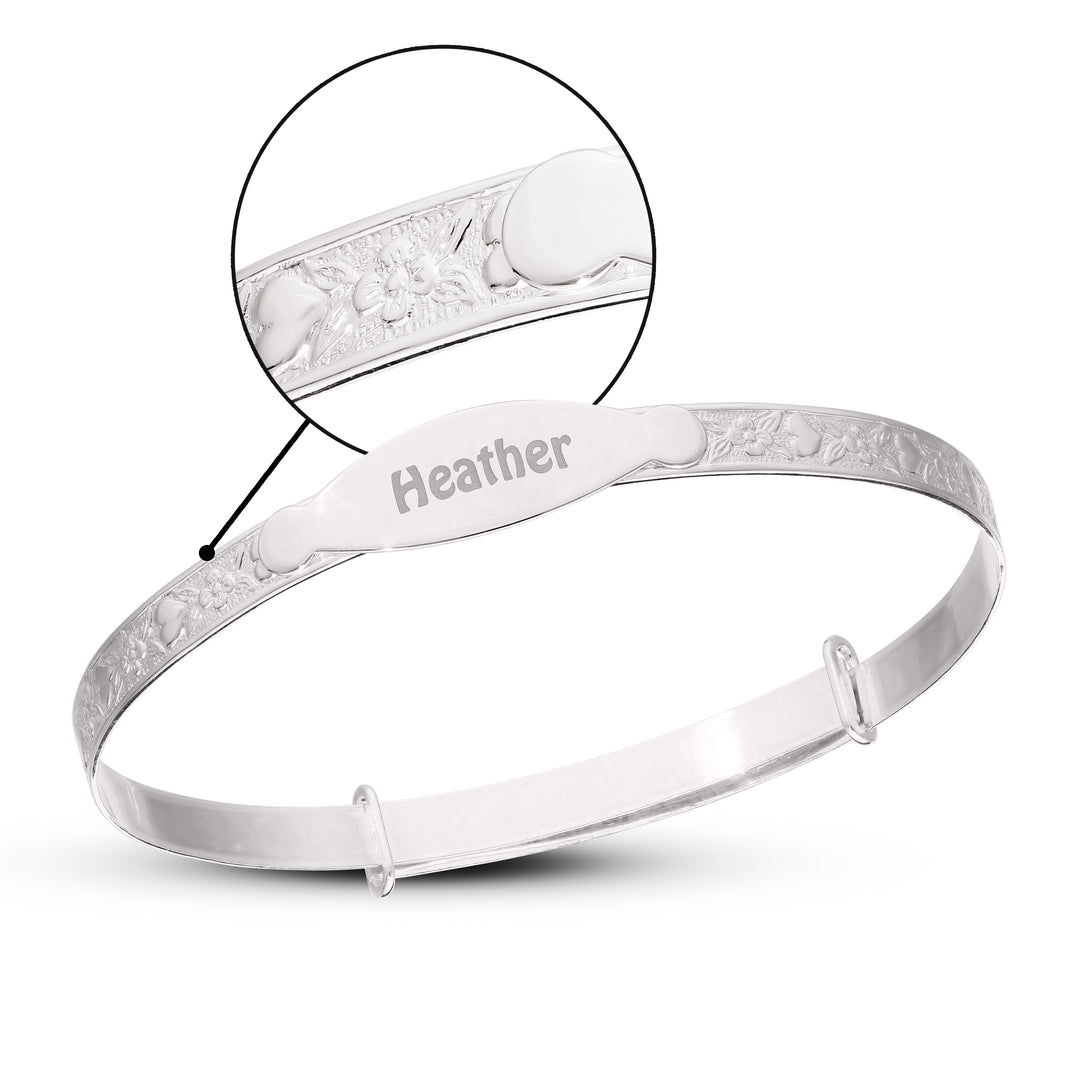 Children's Expandable Silver or Gold plated ID Bangle with Flowers and Hearts (5+ years)