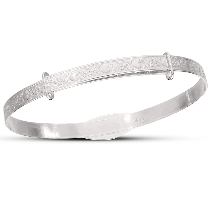 Children's Expandable Silver or Gold plated ID Bangle with Flowers and Hearts (5+ years)