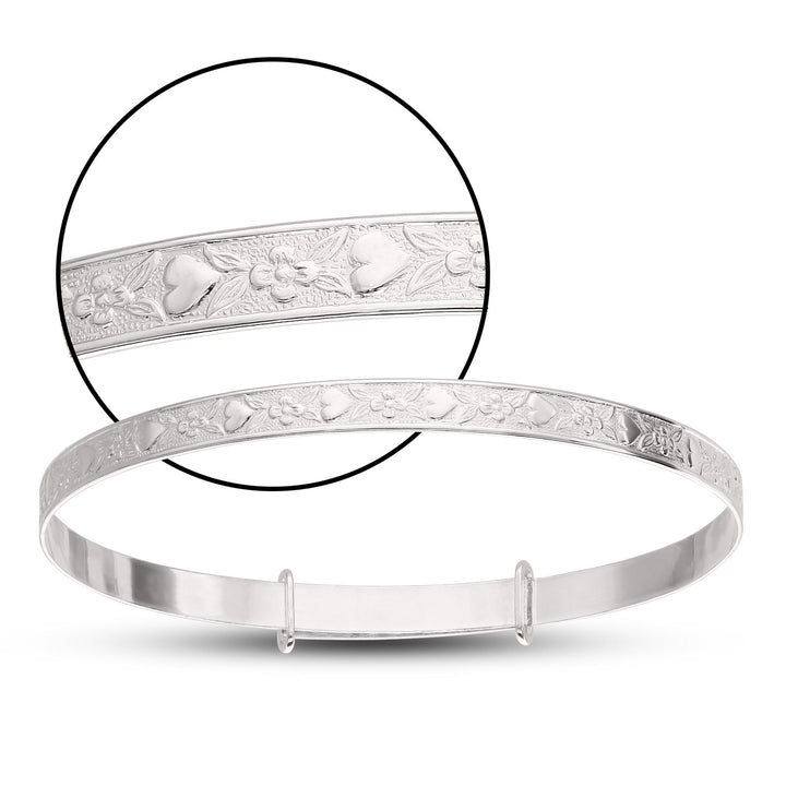 Children's Expandable Silver or Gold plated Bangle with Flowers and Hearts (5+ years)