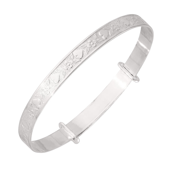 Children's Expandable Silver Bangle with Flowers and Hearts (0-3 years)