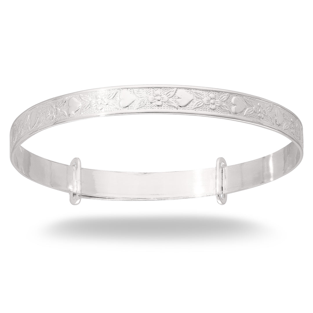 Children's Expandable Silver Bangle with Flowers and Hearts (0-3 years)