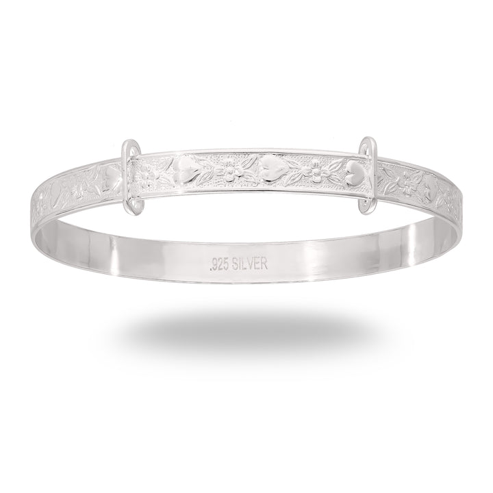 Children's Expandable Silver Bangle with Flowers and Hearts (0-3 years)