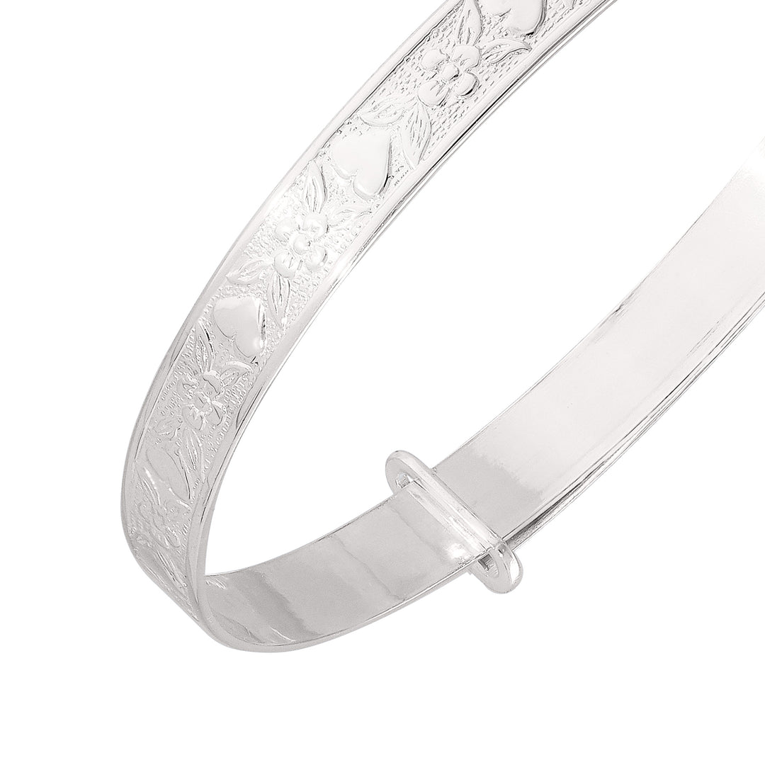 Children's Expandable Silver Bangle with Flowers and Hearts (0-3 years)