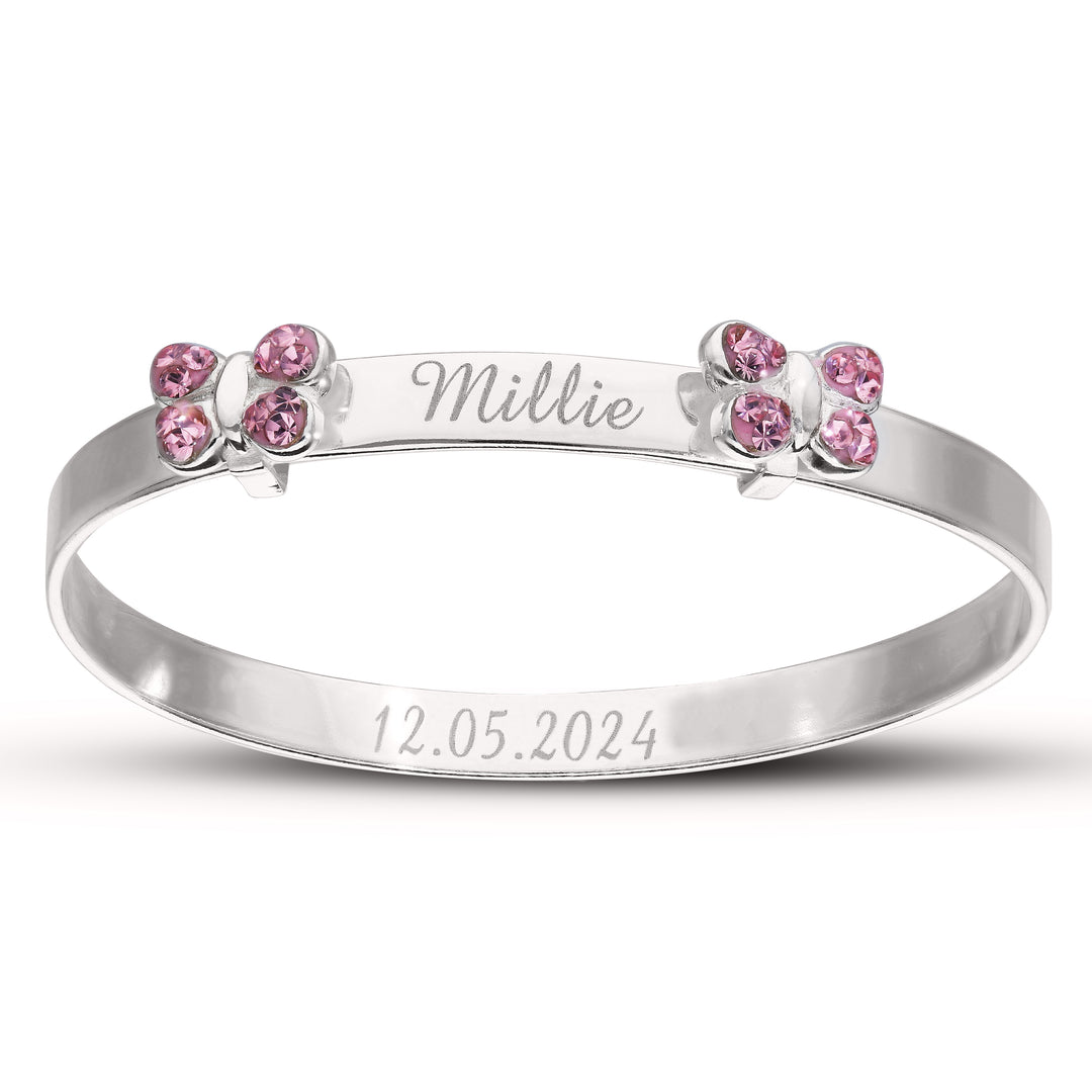 Children’s Customised Expandable Pink CZ Double Butterfly Bangle (0-3 years)